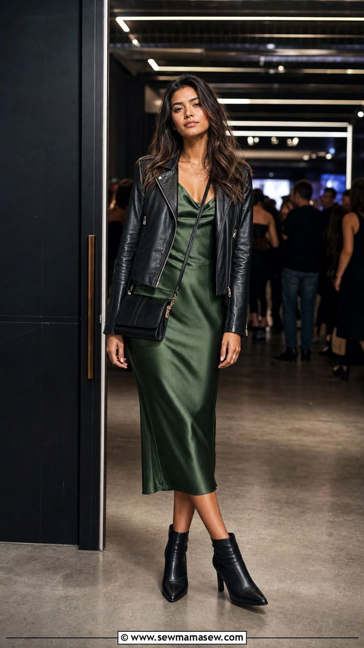 Leather Moto Jacket with Slip Dress and Ankle Boots - 25 concert outfits 2026