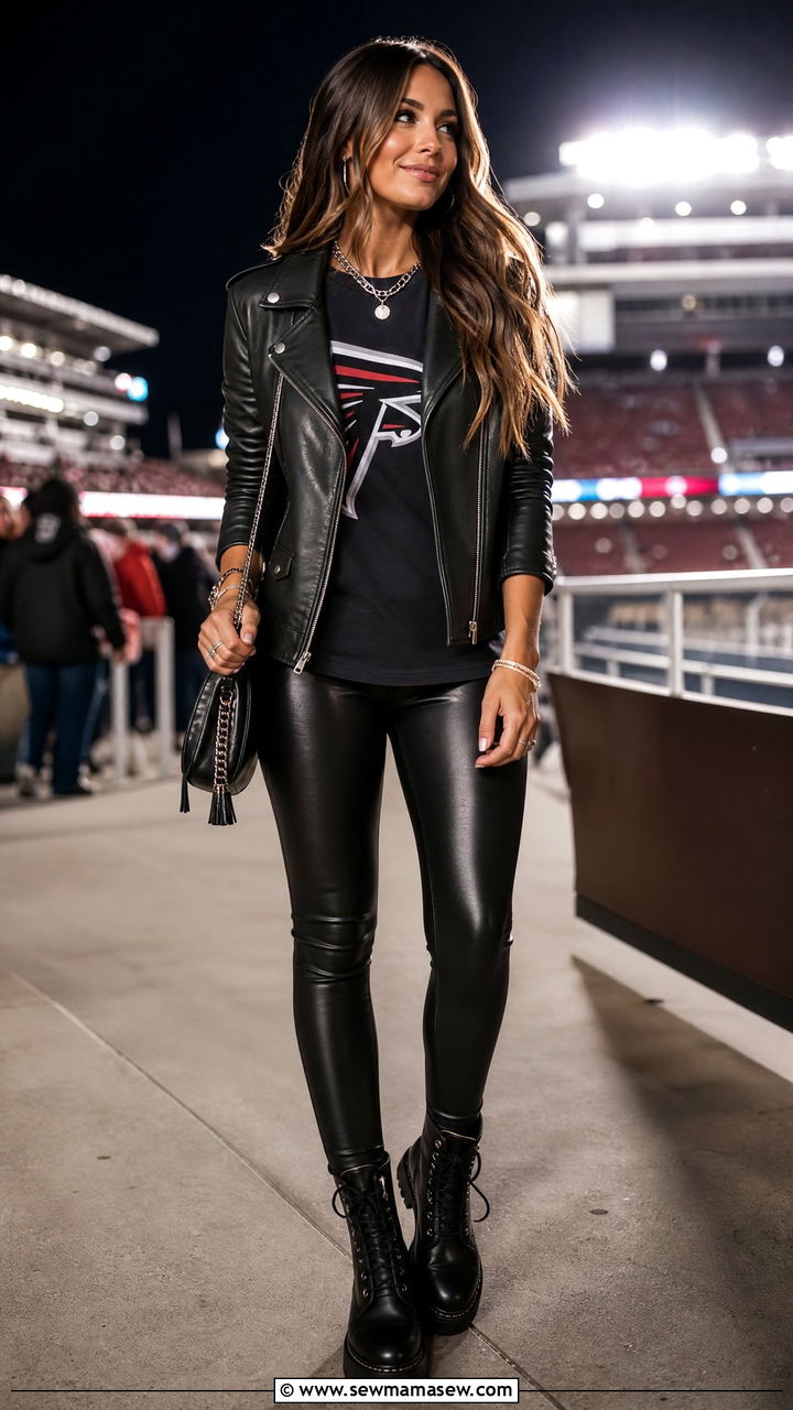Leather Moto Jacket with Team Tee and Faux Leather Leggings - 25 Gameday outfit ideas NFL