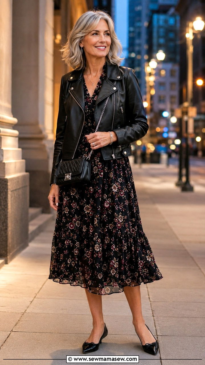 Leather Moto Jacket with a Flowy Midi Dress - 30 Outfit ideas for women over 45