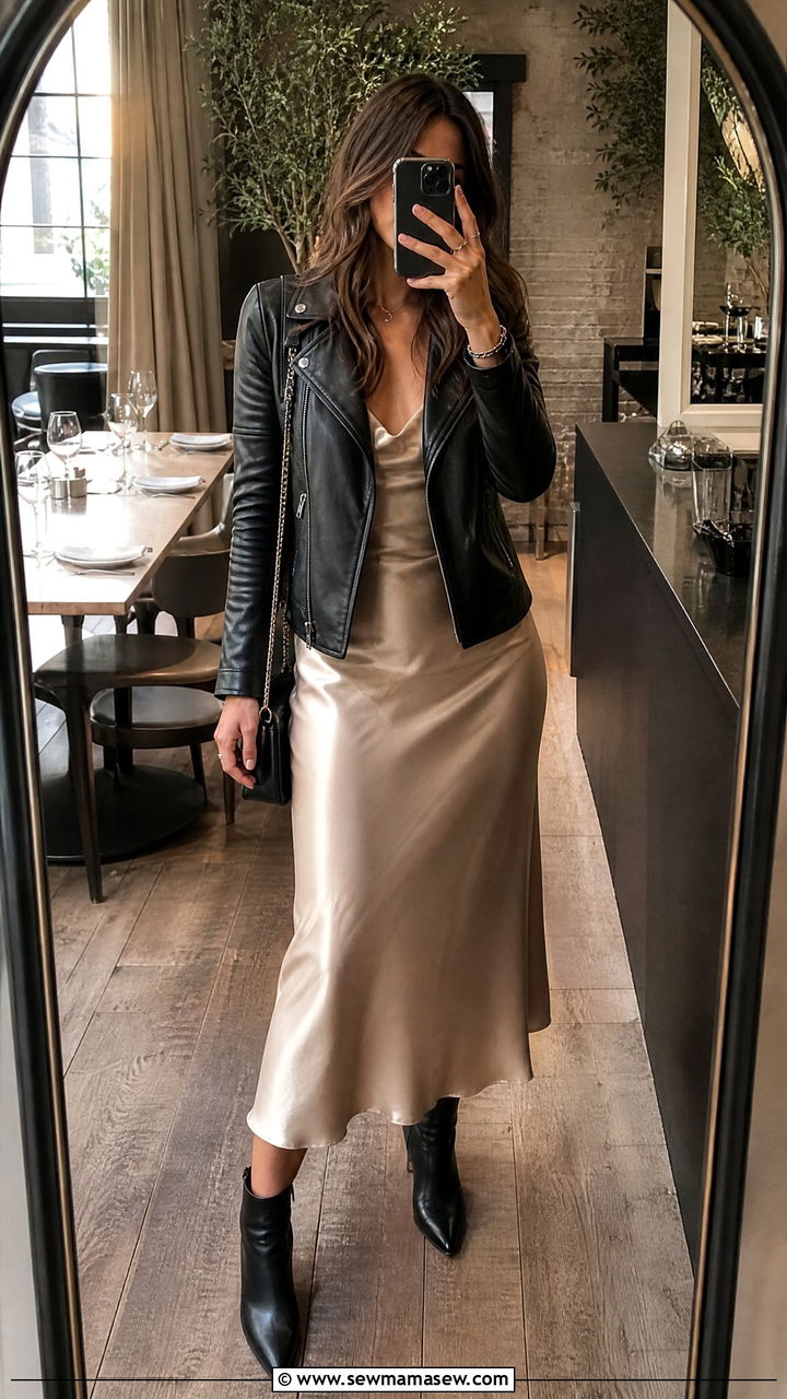 Leather Moto Jacket with a Slip Dress and Ankle Boots - 35 jacket outfits ideas