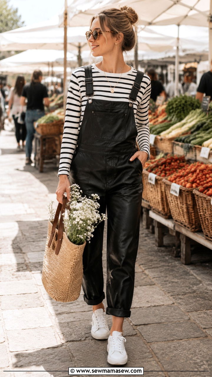 Leather Overalls and Striped Long Sleeve Knit Outfit - 30 Spring leather outfits