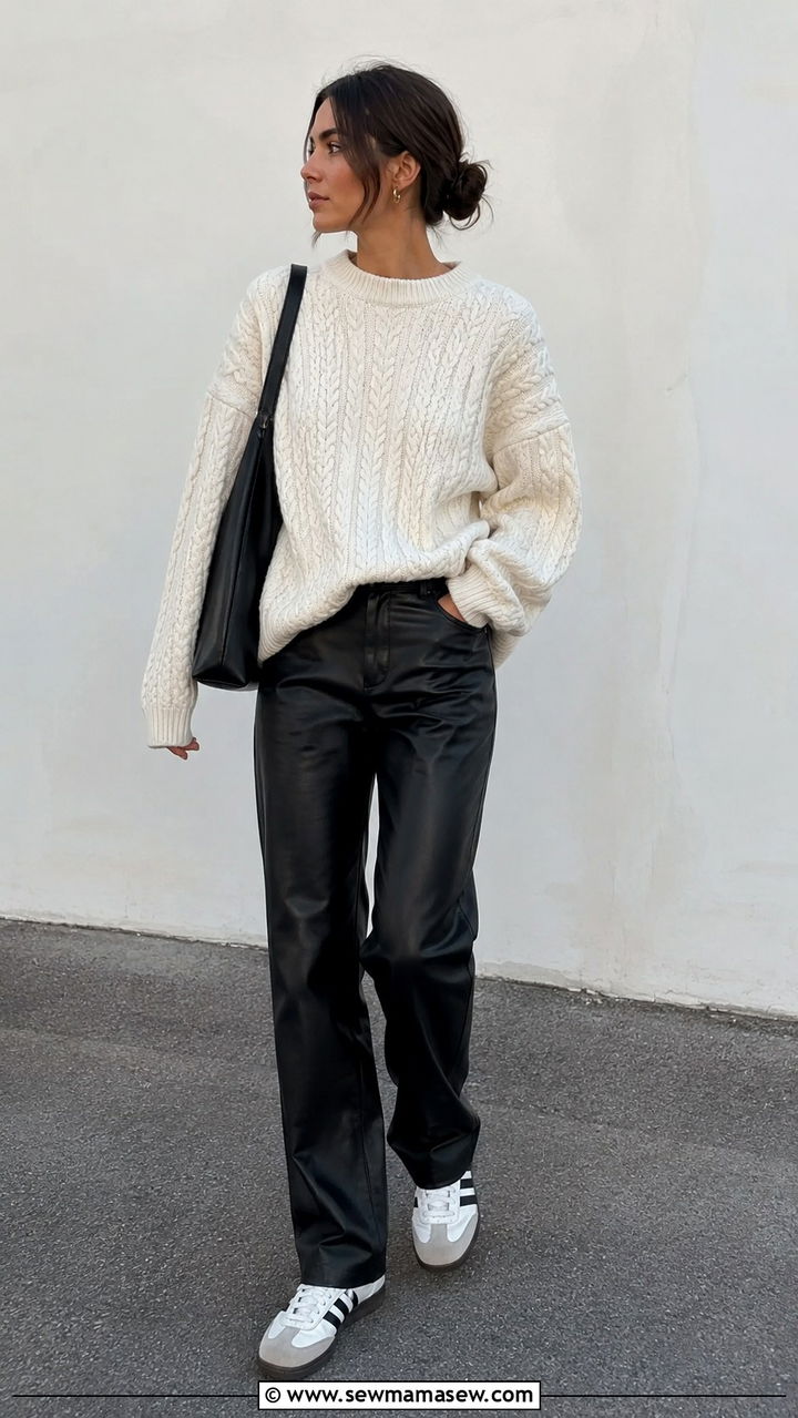 Leather Pants And Knit Sweater With Adidas Samba - 20 How to style Adidas Samba