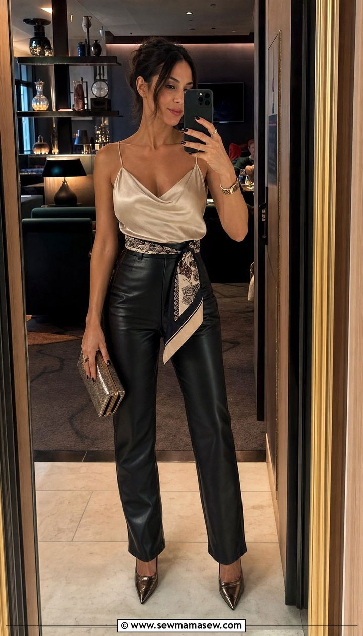 Leather Pants And Silk Top With Scarf Belt - 25 Silk scarf as a belt outfit ideas