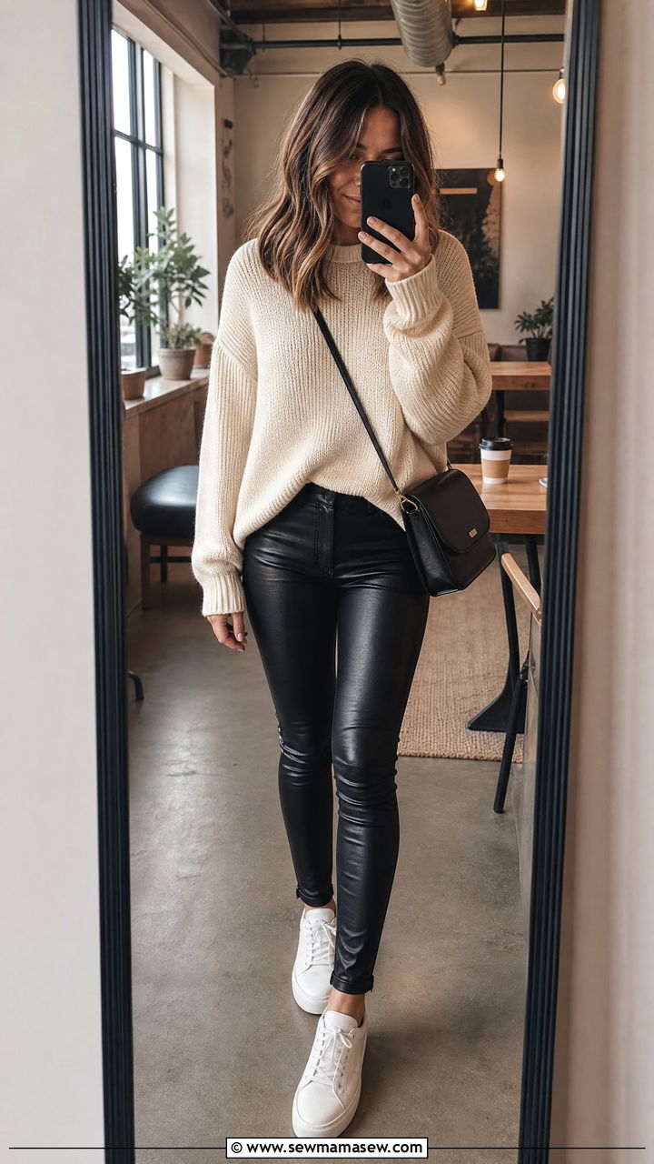Leather Pants Outfit With Oversized Sweater - 35 Leather pants outfit ideas