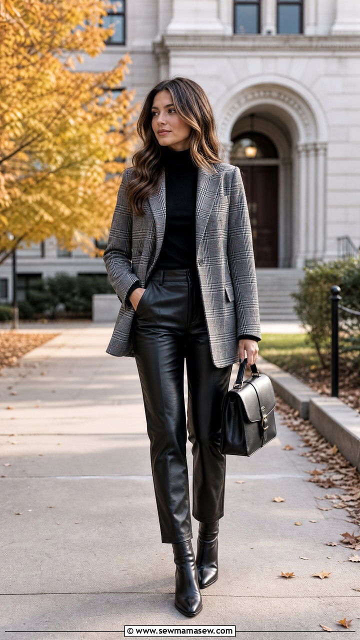 Leather Pants Outfit With Plaid Blazer - 35 Leather pants outfit ideas