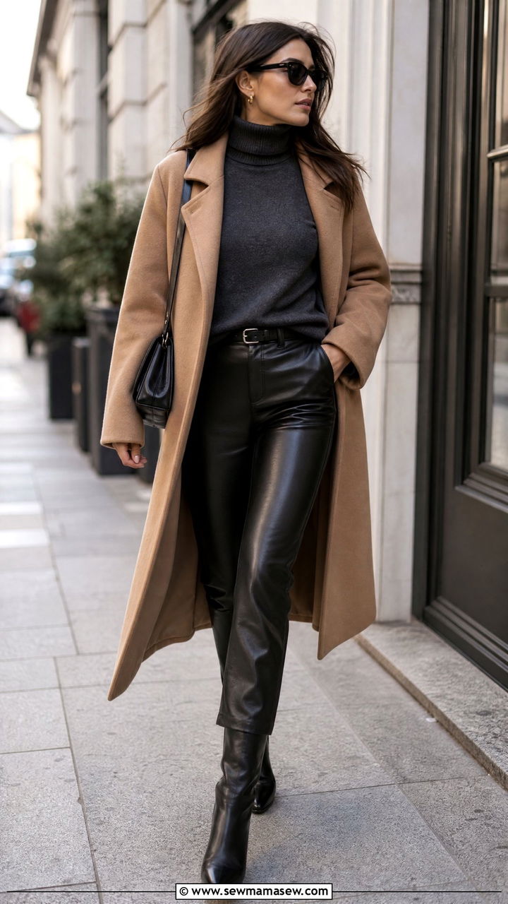 Leather Pants Outfit With Turtleneck and Coat - 35 Leather pants outfit ideas