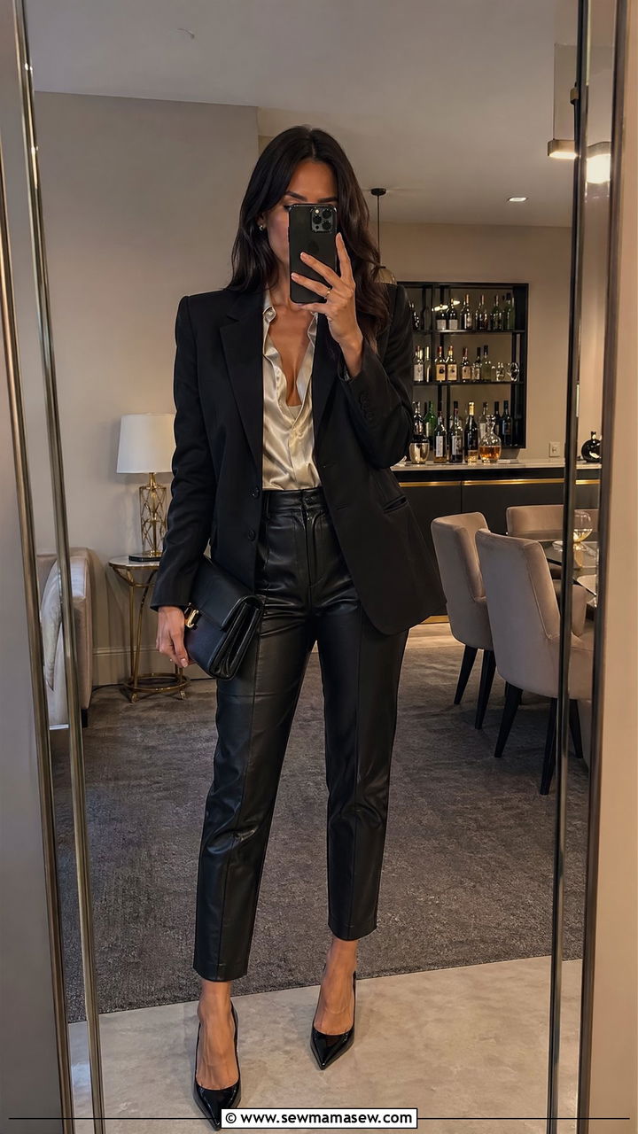 Leather Pants With A Silk Blouse And Structured Blazer - 35 Dinner party outfit ideas