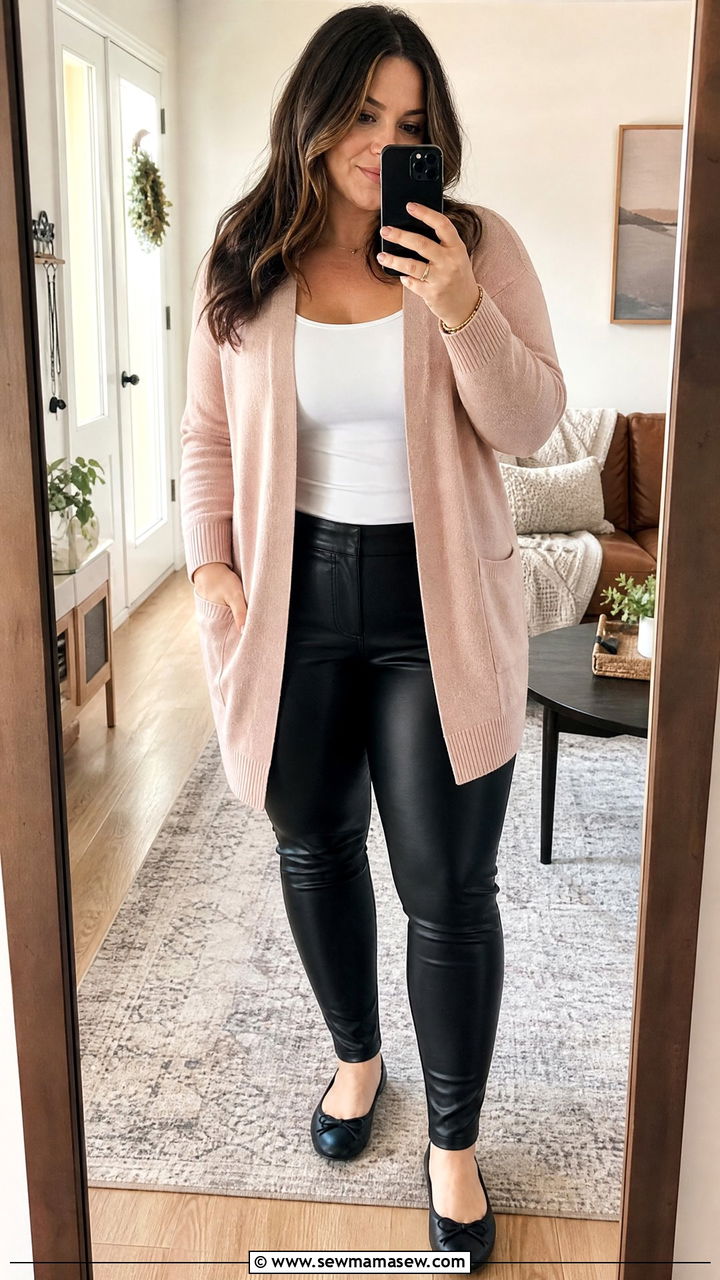 Leather Pants With Cozy Cardigan and Ballet Flats - 25 Leather pants outfit ideas plus size