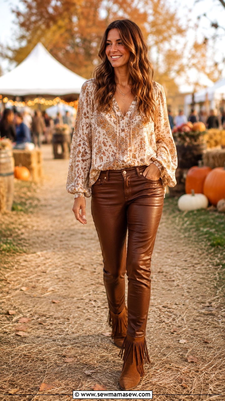 Leather Pants With Fringe Boots and a Boho Inspired Blouse - 30 Leather pants outfit ideas with boots