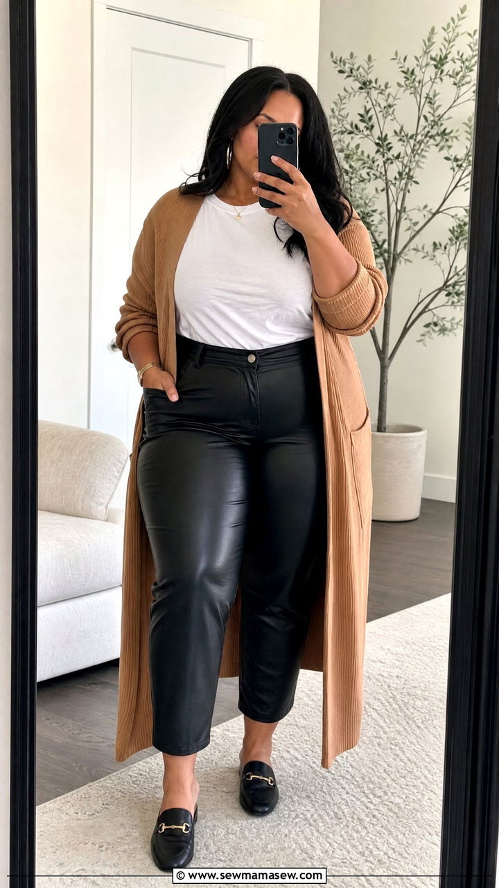 Leather Pants With Long Cardigan and Basic Tee - 25 Leather pants outfit ideas plus size