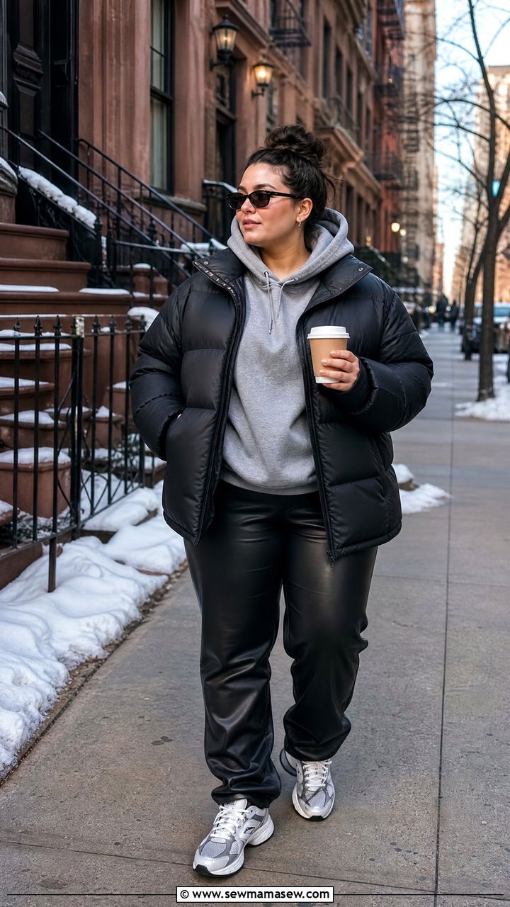 Leather Pants With Puffer Jacket and Sneakers - 25 Leather pants outfit ideas plus size