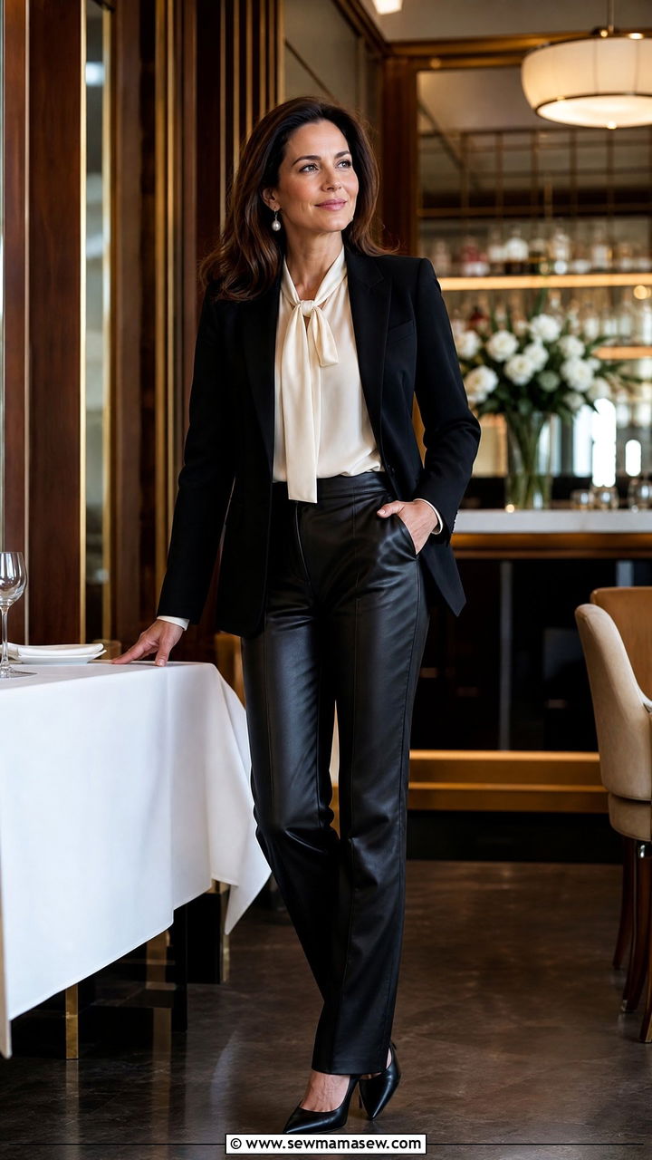 Leather Pants With Silk Blouse And Structured Blazer - 30 classy trendy outfits