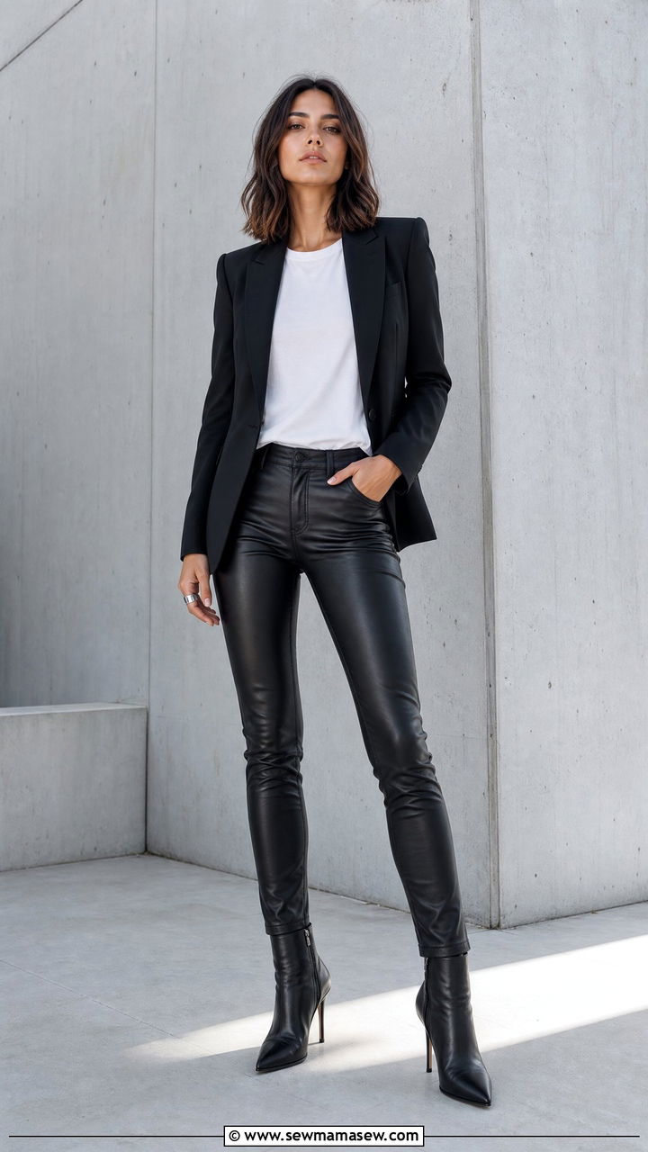 Leather Pants With a White Tee and Tailored Jacket - 25 Caroline de Maigret outfit ideas