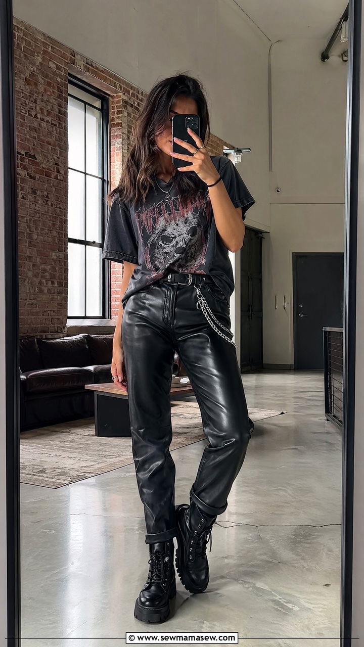 Leather Pants and Band Tee Outfit - 35 Edgy outfit ideas