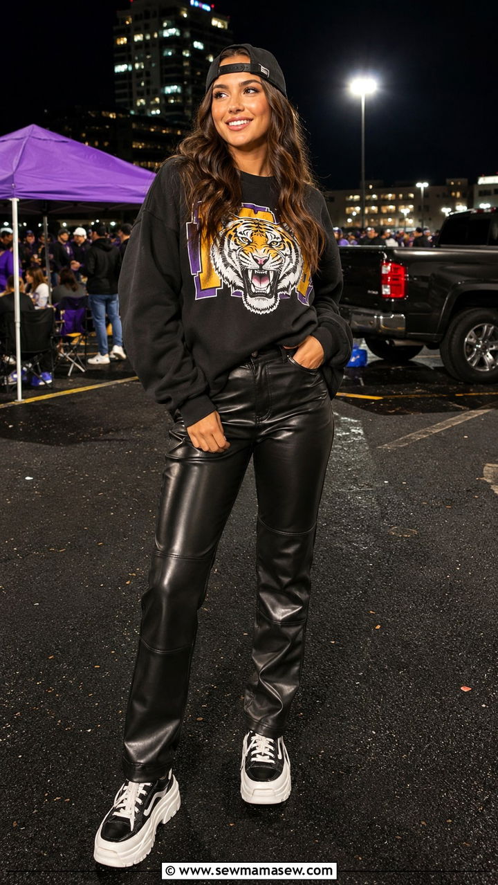 Leather Pants and Graphic Sweatshirt Outfit - 30 Tailgate outfit ideas for college