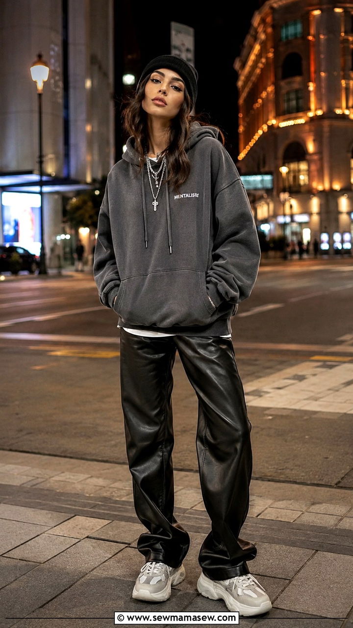 Leather Pants and Oversized Hoodie Outfit - 30 casual streetwear outfits