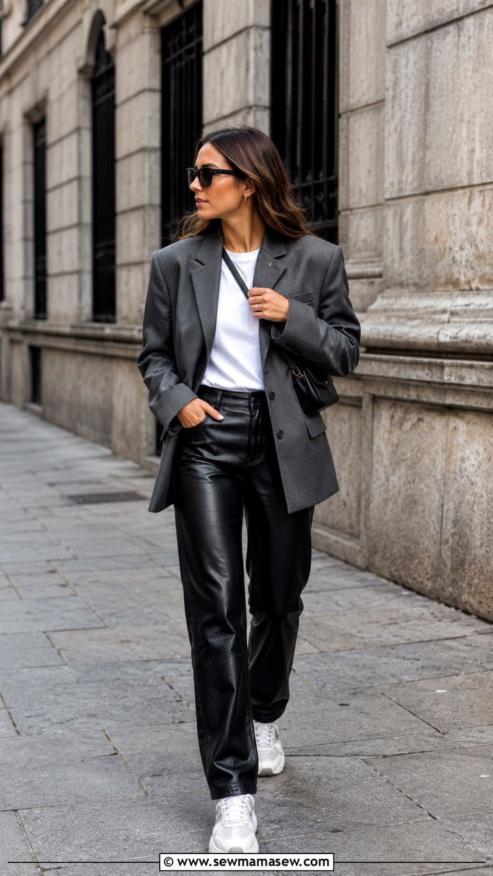 Leather Pants with Blazer and Sneakers Outfit - 30 Leather pants outfit ideas with a blazer