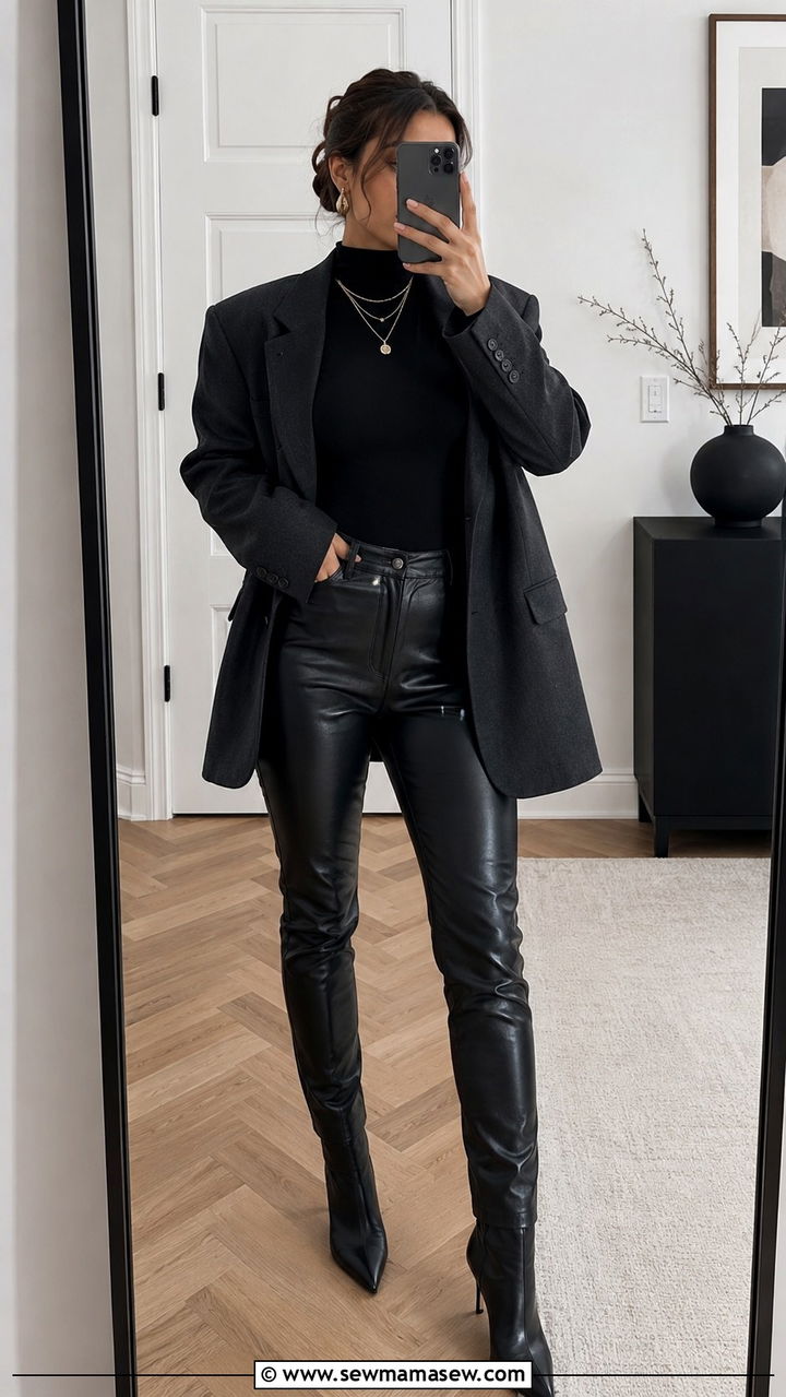 Leather Pants with Bodysuit and Blazer Outfit - 30 Leather pants outfit ideas with a blazer