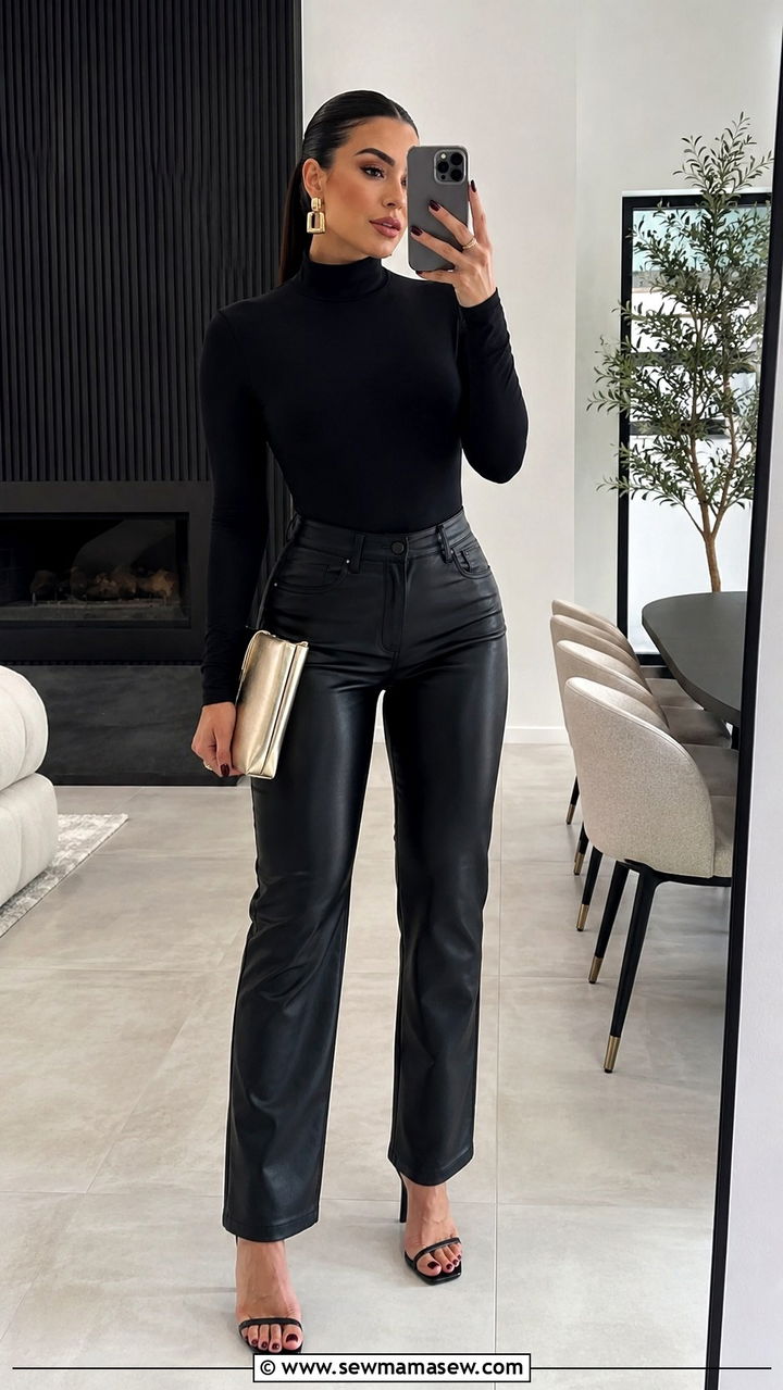Leather Pants with Bodysuit and Strappy Heels - 30 How to style leather pants