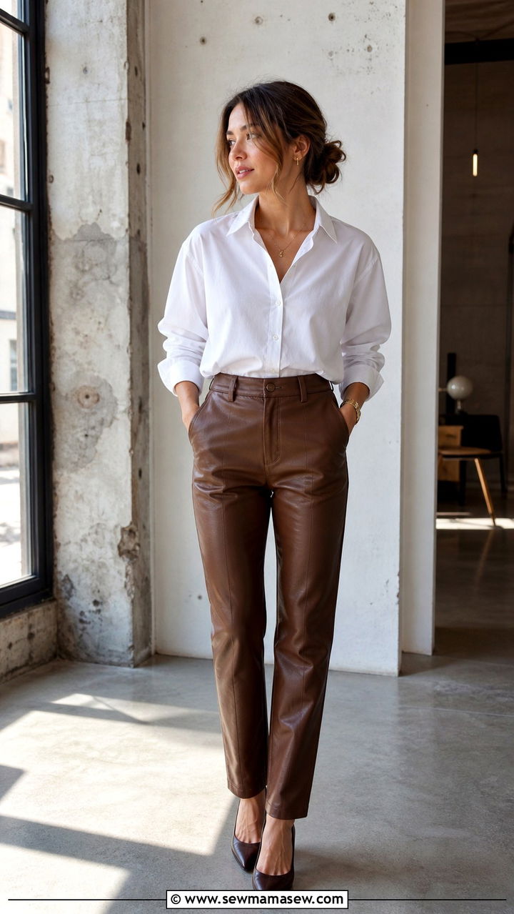 Leather Pants with Button Up Shirt - 40 Spring work outfits