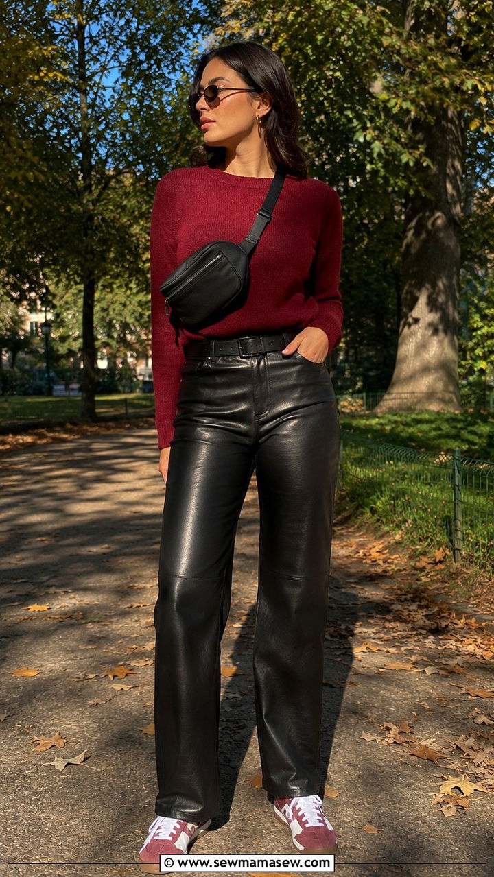 Leather Pants with Crewneck Sweater and Retro Sneakers - 30 How to style leather pants