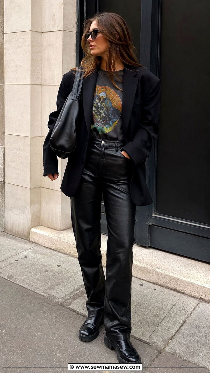 Leather Pants with Graphic Tee and Blazer Outfit - 30 Leather pants outfit ideas with a blazer