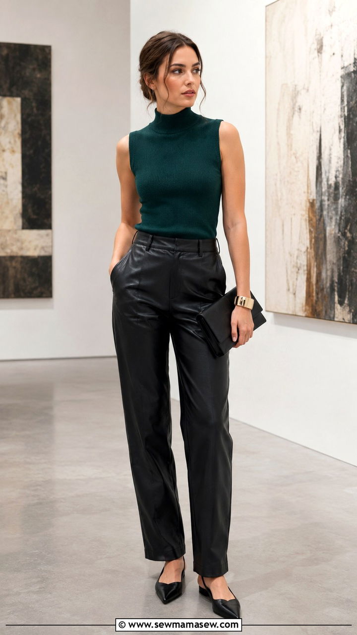 Leather Pants with High Neck Top and Pointed Toe Flats - 30 How to style leather pants