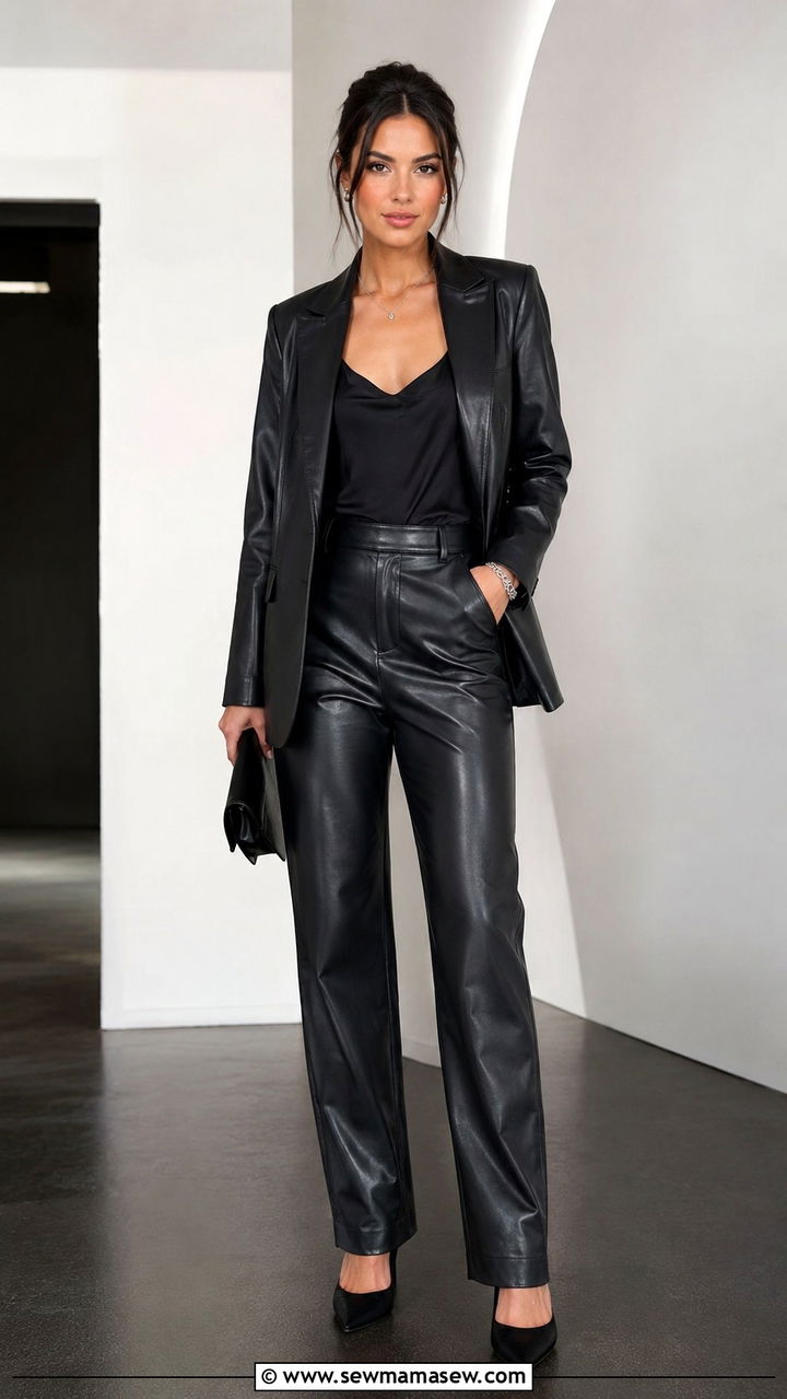 Leather Pants with Matching Leather Blazer and Pointed Toe Pumps - 30 How to style leather pants