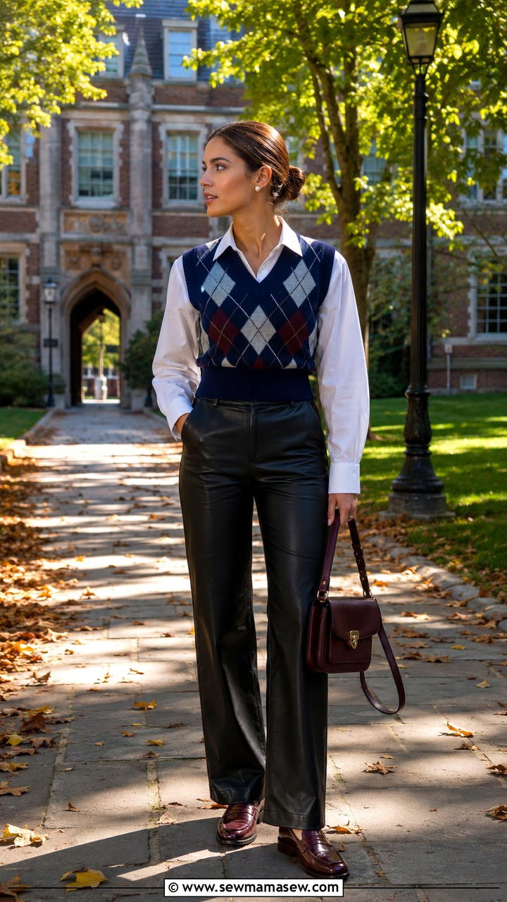 Leather Pants with Sweater Vest and Loafers - 30 How to style leather pants