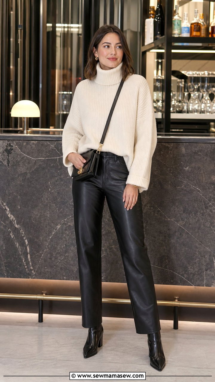 Leather Pants with an Oversized Turtleneck - 35 casual dinner outfits