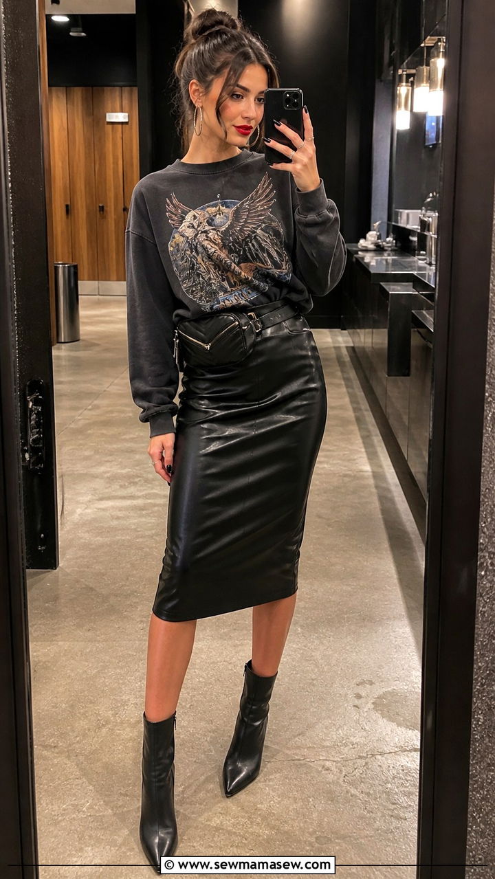 Leather Pencil Skirt and Graphic Sweatshirt Concert Outfit - 40 Concert outfit ideas