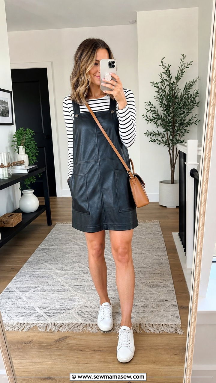 Leather Pinafore Dress Over a Striped Tee - 25 Summer leather outfits
