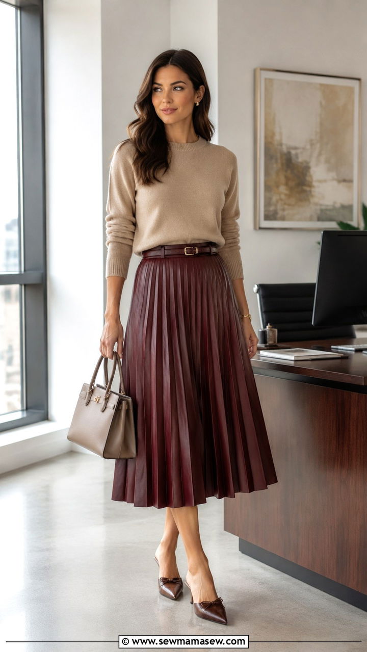 Leather Pleated Midi Skirt and Fine Knit Sweater Outfit - 30 Spring leather outfits