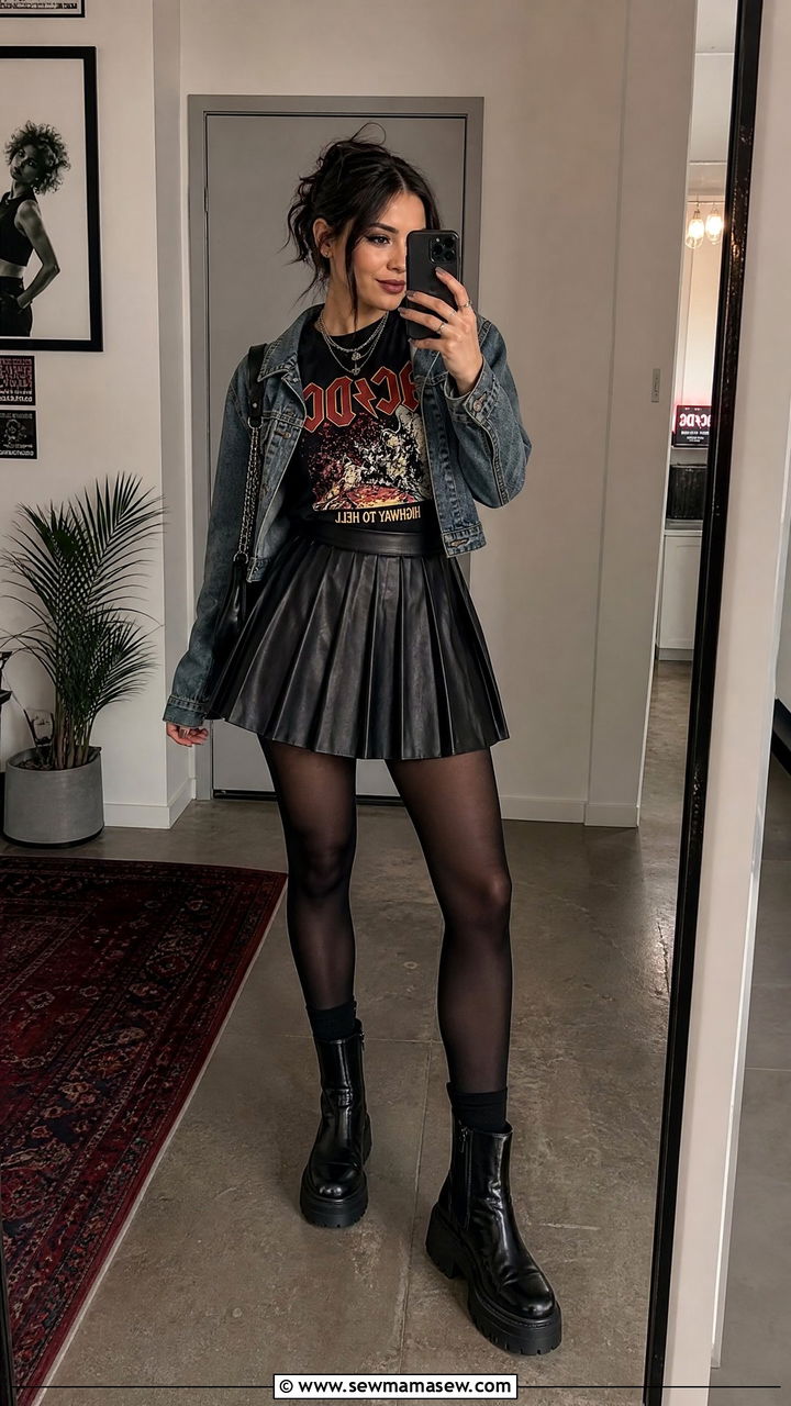 Leather Pleated Mini Skirt with Graphic Tee - 25 chic pleated skirt outfit ideas