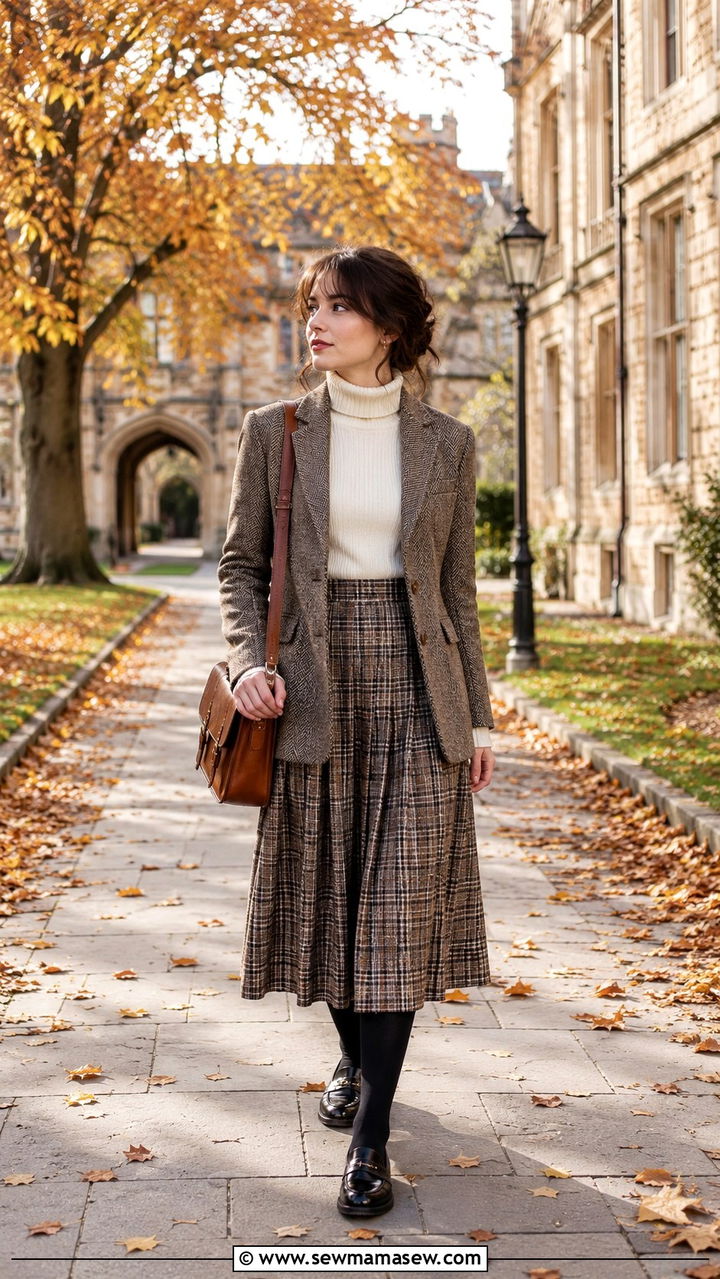 Leather Satchel Outfit with Turtleneck and Plaid Skirt - 30 Romantic academia outfit ideas