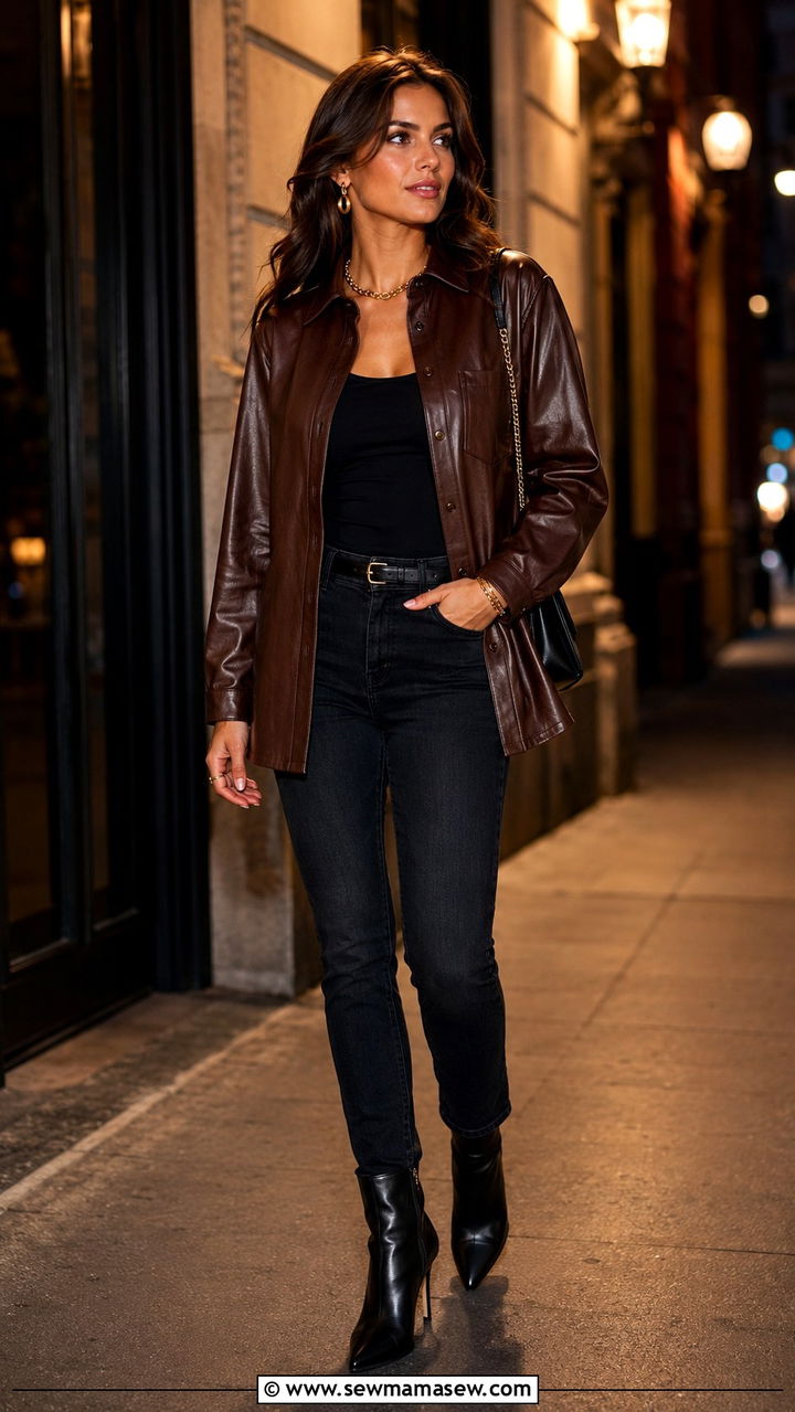 Leather Shirt Jacket With Dark Jeans and Heeled Boots - 30 Light jacket weather outfit ideas