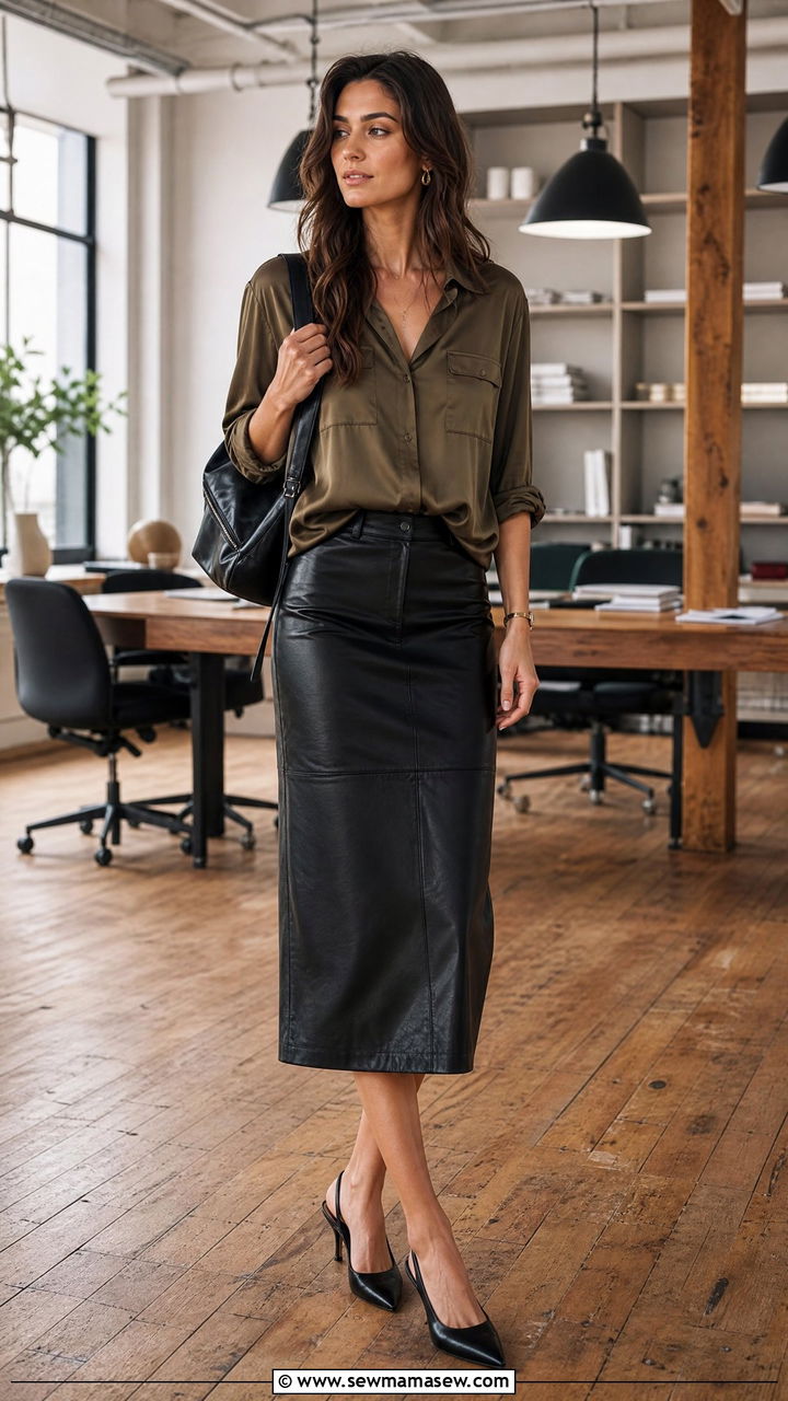 Leather Skirt With A Utility Blouse - 25 Leather skirt outfit ideas for work