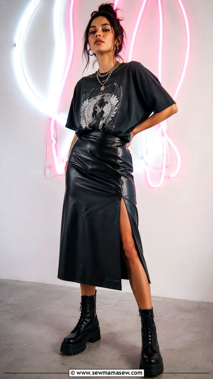 Leather Skirt and Graphic Tee Solo Photoshoot Outfit - 30 Solo photoshoot outfit ideas