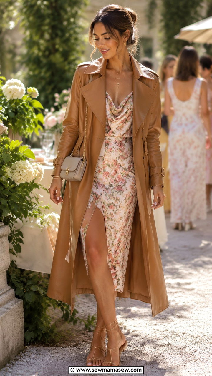 Leather Trench Coat Draped Over a Floral Slip Dress Outfit - 30 Spring leather outfits