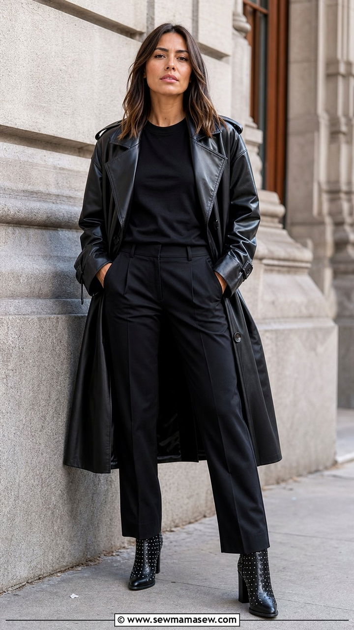 Leather Trench Coat Outfit with Heeled Ankle Boots - 25 edgy capsule wardrobe outfits