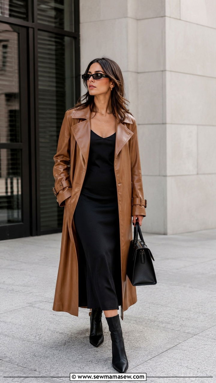 Leather Trench Coat Over Slip Dress - 30 Leather jacket outfit ideas with a dress