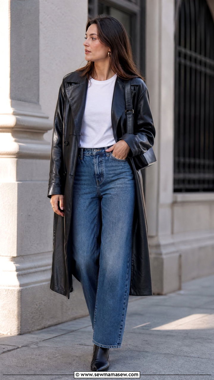 Leather Trench Coat With A White Tee And Barrel Leg Jeans - 35 How to style a trench coat