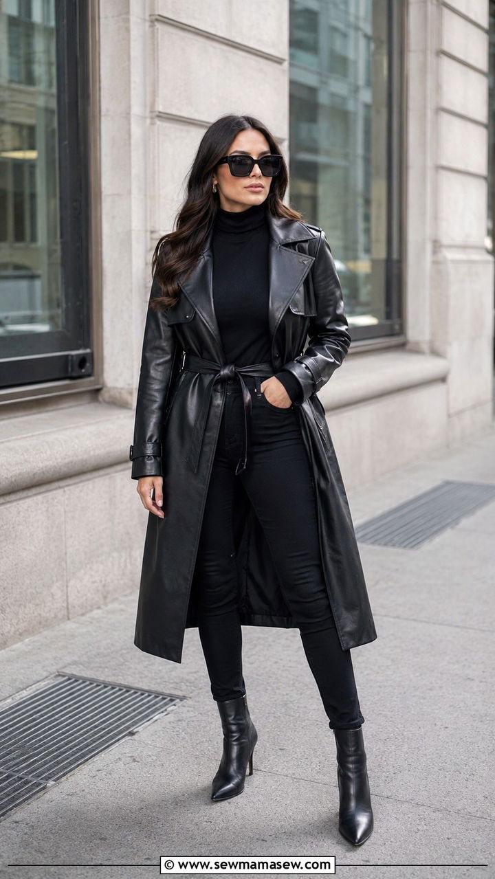 Leather Trench Coat With Black Turtleneck And Skinny Pants - 30 Mob wife outfits 2026