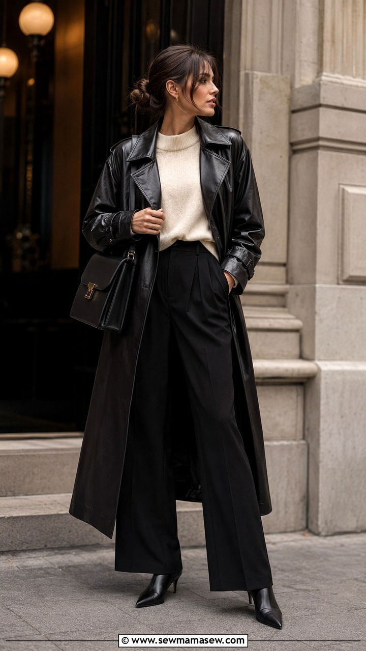 Leather Trench Coat With Fine Knit And Wide Leg Pants - 25 Nepo baby outfit ideas 2026