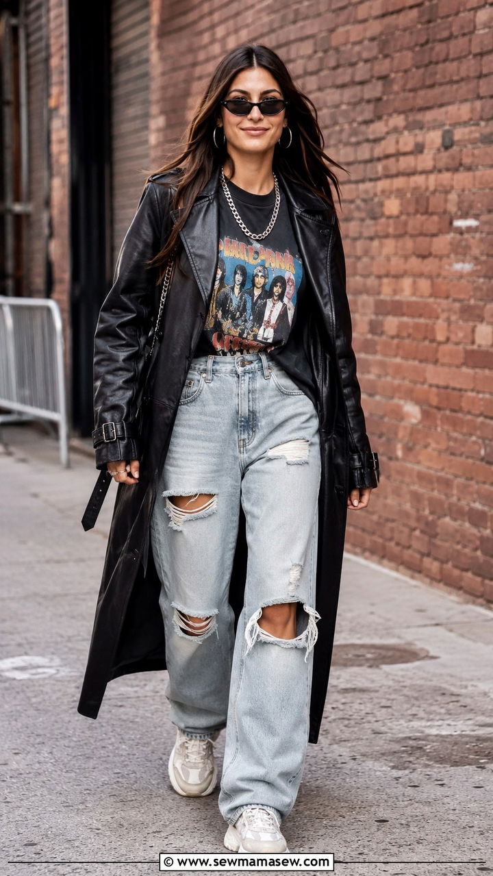 Leather Trench Coat With Graphic Tee and Chunky Sneakers - 25 Baggy jeans outfit ideas with a trench coat