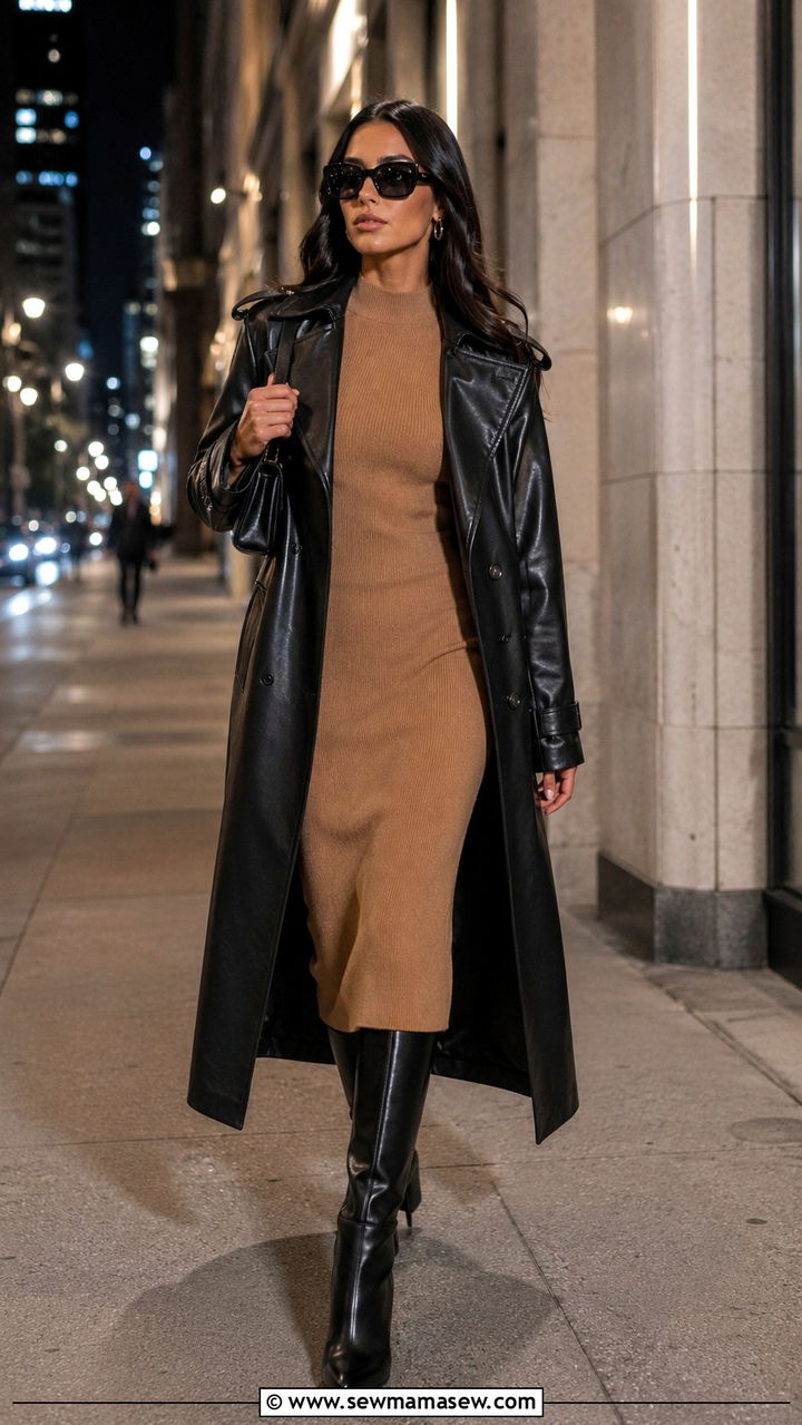 Leather Trench Coat With Midi Dress And Knee High Boots - 25 Nepo kid outfit ideas