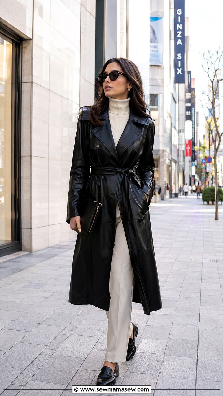 Leather Trench Coat With Straight Trousers and Loafers - 30 Tokyo outfit ideas
