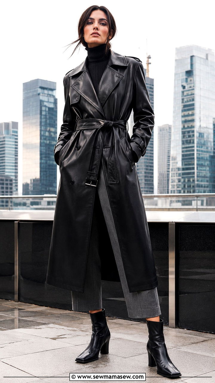 Leather Trench Coat With Turtleneck and Boots - 30 chic trench coat outfit ideas