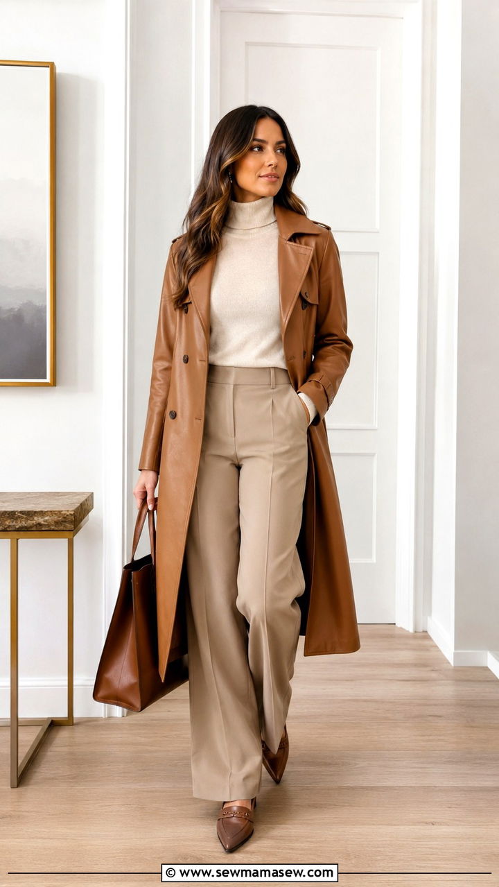 Leather Trench Coat and Wide Leg Trousers Outfit - 30 Spring leather outfits