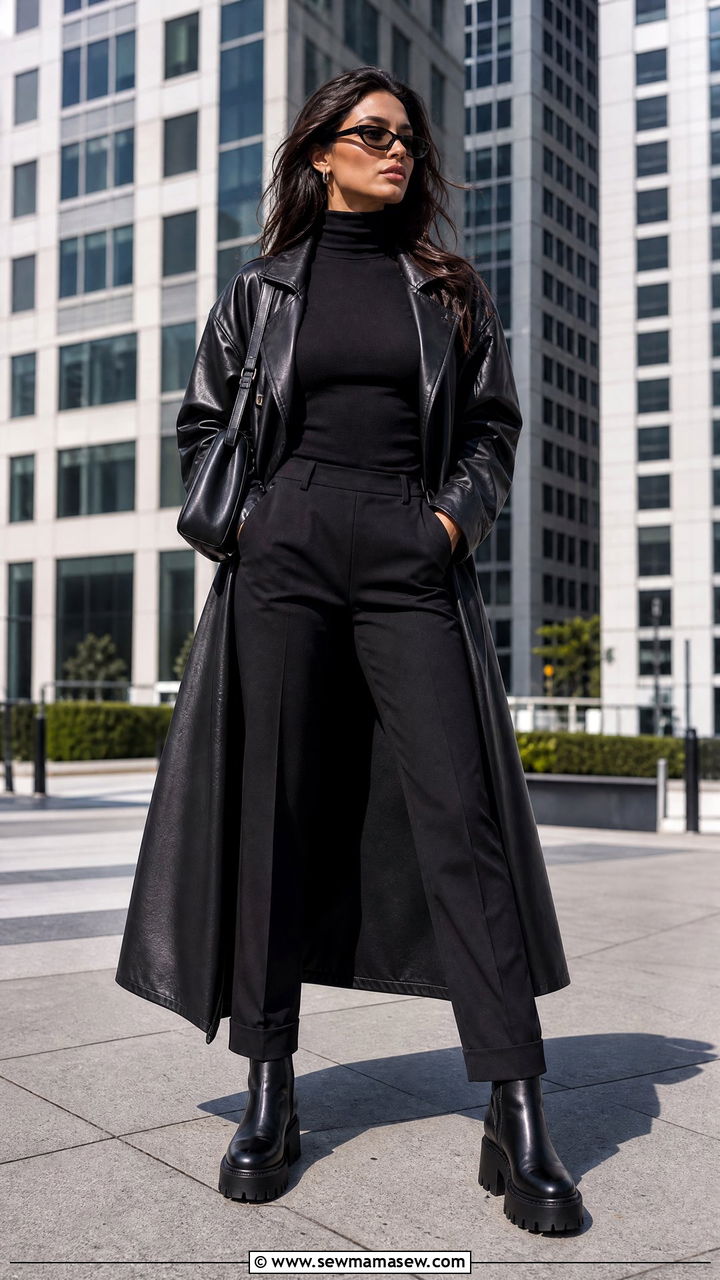 Leather Trench Coat with All Black Outfit and Chunky Boots - 30 streetwear outfits to copy